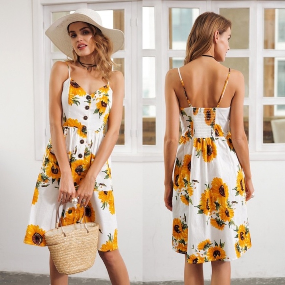 LILY DOE Sunflower Buttoned Pocket Midi Cute Dress